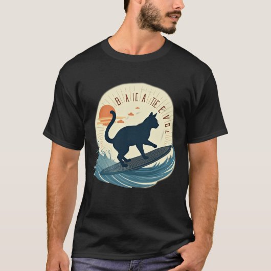 Surfer Cat Silhouette Abstract Retro Beach Waves T-Shirt (Vorderseite)