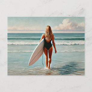Surfer Girl am Strand Postkarte