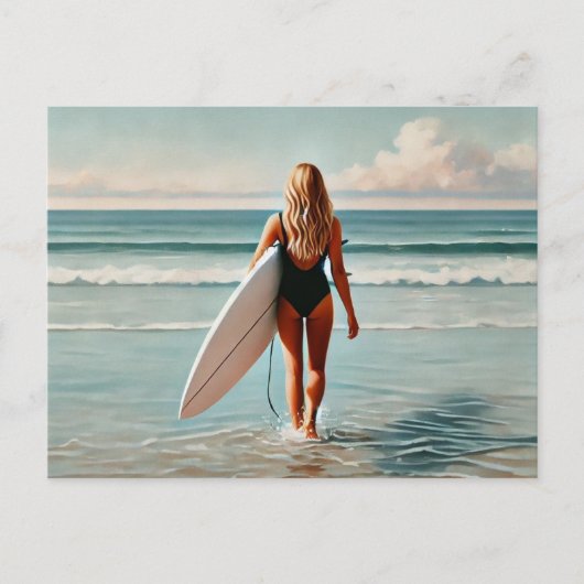 Surfer Girl am Strand Postkarte (Vorderseite)