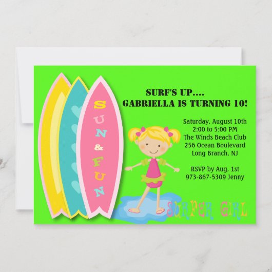 Surfer Girl Beach Party Geburtstag Einladung (Vorderseite)