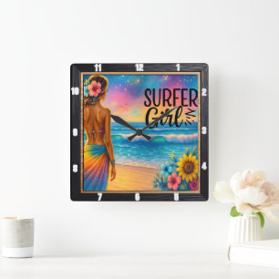 Surfer Girl Beach Sunset Quadratische Wanduhr