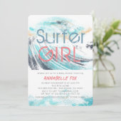 Surfer Girl Blue Wave Splash Surfing Baby Dusche Einladung (Stehend Vorderseite)