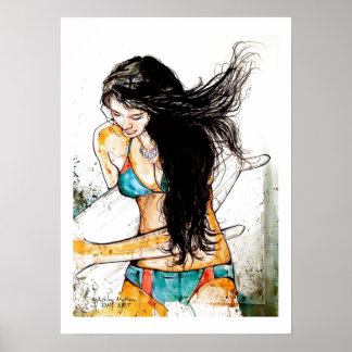 Surfer Girl geblasenes Haar Poster
