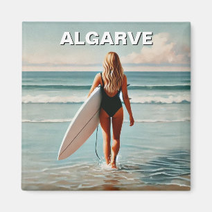 Surfer Girl in der Algarve Portugal Postkarte Magnet