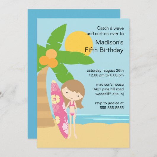 Surfer Girl Swimming Party Birthday Invitation Einladung (Vorne/Hinten)