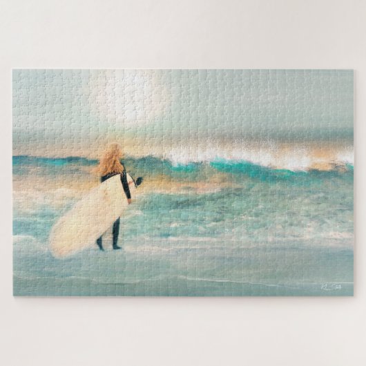 Surfer Girl Tropical Beach Blue Waves Puzzle (Horizontal)