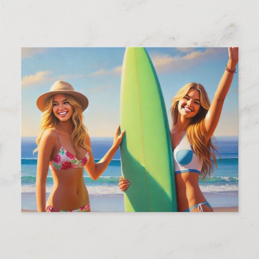 Surfer Girls mit Surfboard Postkarte (Vorderseite)