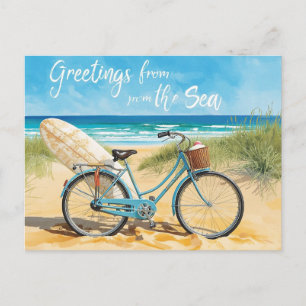 Surfer-Gruß vom Meer mit Brett und Fahrrad Postkarte
