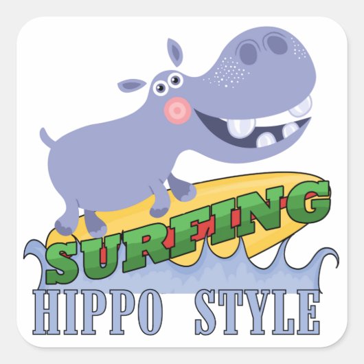 Surfer Hippopotamus Quadratischer Aufkleber (Vorderseite)