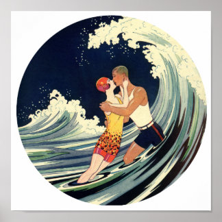 Surfer Liebhaber Küssen Vintage Illustration Poster
