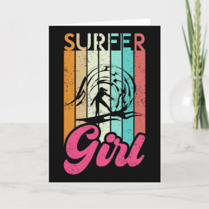 Surfer-Mädchen-Surfboard-Frauen-Surfen-Ozean-Retro Karte