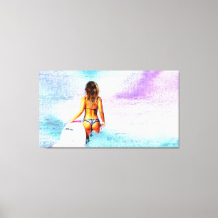 SURFER MÄDCHENSTRAND BIKINI LEINWAND ART DRUCK