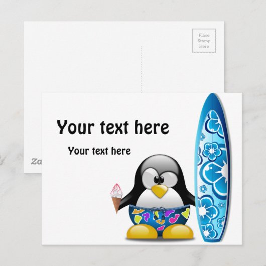 Surfer Pinguin mit Eiscreme Postkarte (Vorne/Hinten)