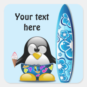 Surfer-Pinguin mit Eiscreme Quadratischer Aufkleber