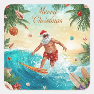 Surfer Santa Frohe Weihnachten Küstenfeiertag  Quadratischer Aufkleber