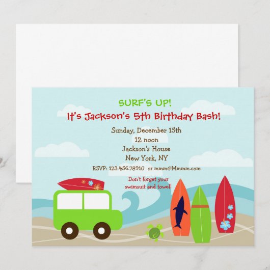 Surfer Surf Geburtstagsparty Einladungen (Vorne/Hinten)