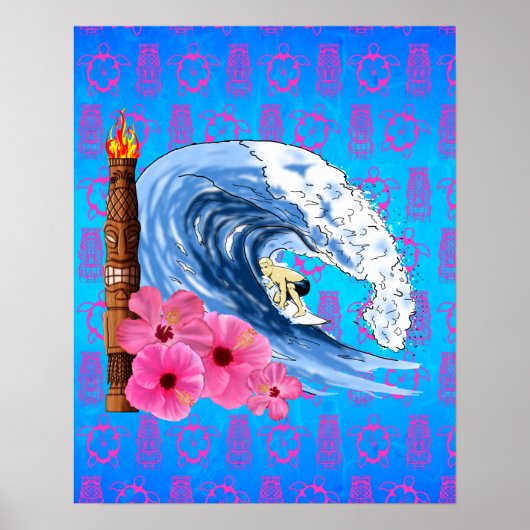 Surfer und Tiki Statue Poster (Vorne)