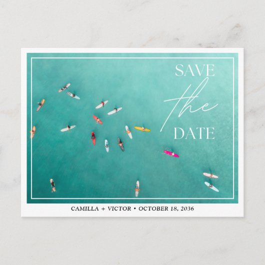 Surfer Wedding Blue Ocean Save the Date Postcard Postkarte (Vorderseite)