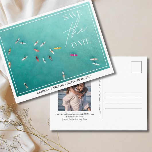 Surfer Wedding Blue Ocean Save the Date Postcard Postkarte