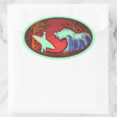 Surfer Wellen Meer grüne Kunst Strand-Szene Aufkle Ovaler Aufkleber (Tasche)