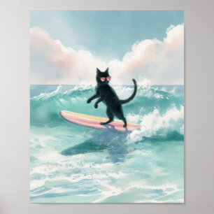 Surfer Whimsical Black Cat Wasserfarbe Kunst Poster