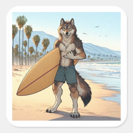 Surfer Wolf Quadratischer Aufkleber (Vorderseite)