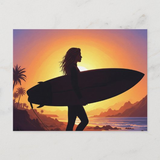 Surferin am Strand Postkarte (Vorderseite)