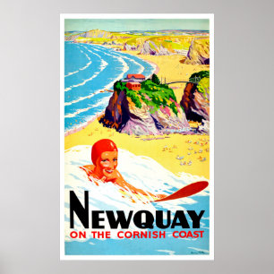 Surferin am Strand von Newquay, Cornwall, Vintage Poster