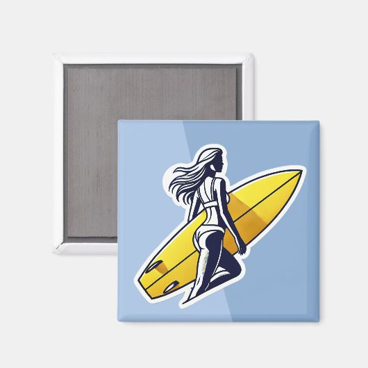 Surfermädchen mit gelbem Surfbrett Magnet (Vorderseite/Rückseite)