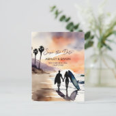 Surferpaar bei Sonnenuntergang Wasserfarbe Save th Postkarte (Stehend Vorderseite)