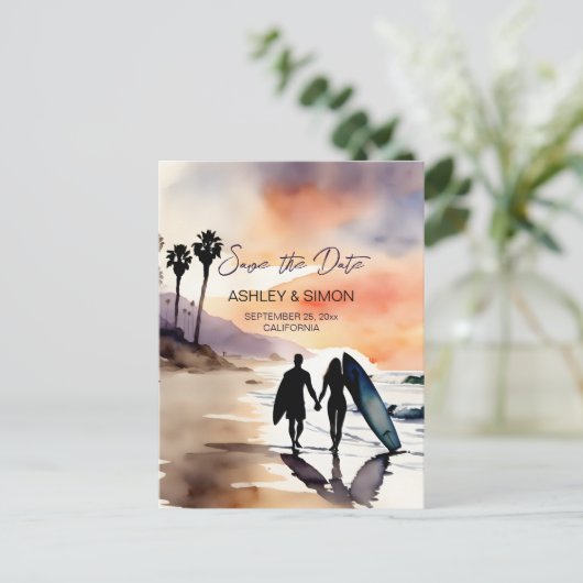 Surferpaar bei Sonnenuntergang Wasserfarbe Save th Postkarte (Stehend Vorderseite)