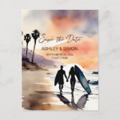 Surferpaar bei Sonnenuntergang Wasserfarbe Save th Postkarte (Vorderseite)