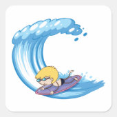 Surfing Boy Blue Wave Square Sticker (Vorderseite)