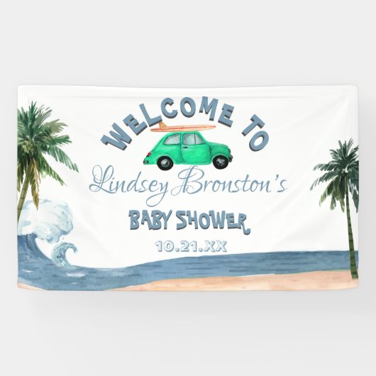 Surfing Car Coconut Tree Blue Beach Baby Dusche Banner (Horizontal)