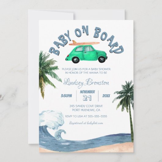 Surfing Car Coconut Tree Blue Beach Baby Dusche Einladung (Vorderseite)