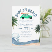 Surfing Car Coconut Tree Blue Beach Baby Dusche Einladung (Stehend Vorderseite)