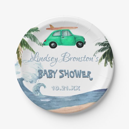 Surfing Car Coconut Tree Blue Beach Baby Dusche Pappteller (Vorderseite)