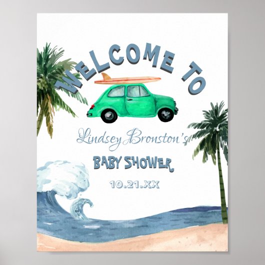 Surfing Car Coconut Tree Blue Beach Baby Dusche Poster (Vorne)