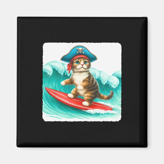 Surfing Cat With Pirate Hat On Surfboard. Waves Pl Magnet (Vorne)