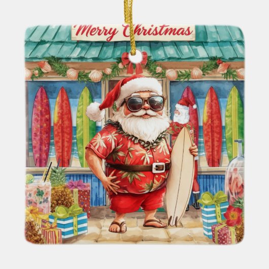 Surfing Christmas with Santa Claus surfer Ceramic Keramikornament (Vorderseite)