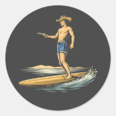 Surfing Cowboy Runder Aufkleber (Vorderseite)