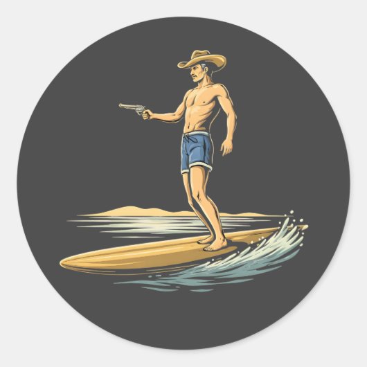 Surfing Cowboy Runder Aufkleber (Vorderseite)