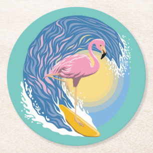 Surfing Flamingo Grafik Illustration Runder Pappuntersetzer