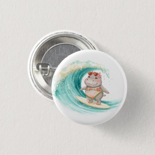 Surfing Hippo Christmas Bikini on big wave Button (Vorne & Hinten)