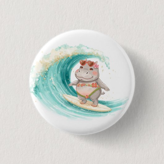 Surfing Hippo Christmas Bikini on big wave Button (Vorderseite)