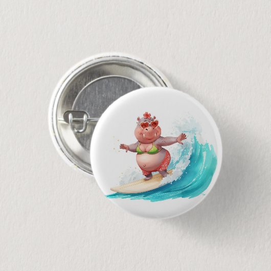 Surfing Hippo Christmas Bikini on big wave Button (Vorne & Hinten)