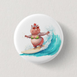 Surfing Hippo Christmas Bikini on big wave Button