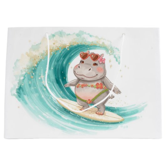 Surfing Hippo Christmas Bikini on big wave Große Geschenktüte (Vorderseite)