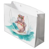 Surfing Hippo Christmas Bikini on big wave Große Geschenktüte (Rückseite Schrägansicht)