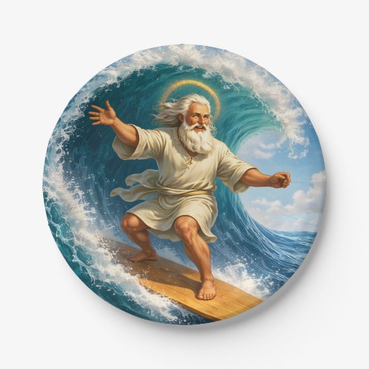Surfing Moses funny biblical art party paper plate Pappteller (Vorderseite)